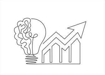 Poster - One single line drawing of shining light bulb with human brain and growth graph. Continuous line drawing. Startup business. Vector illustration. Hand drawn one line vector. Editable stroke