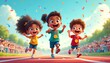 © Vadym - Three joyful cartoon children wear medals running race on track. Confetti falls around them as they cheer and run towards finish line. Crowd watches from bleachers at fun school sports day.