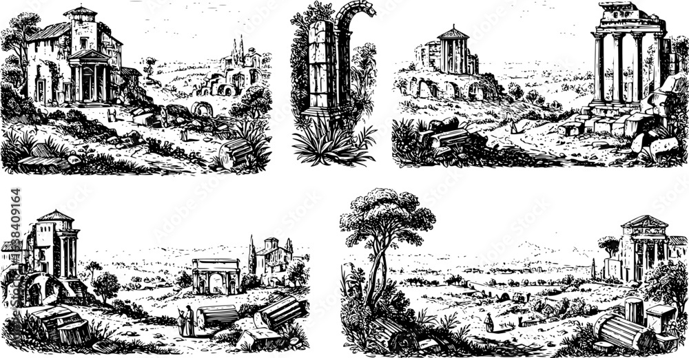 Vintage roman scenery sketches: hand drawn engravings of landscapes and ...