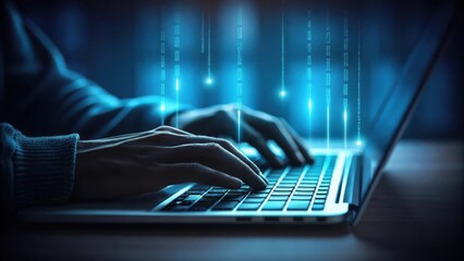Mysterious hacker typing on a laptop with glowing blue digital data streams flowing upwards