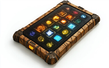 creative depiction of an ancient tablet integrated with a modern touchscreen interface design isolat
