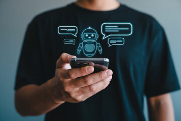 AI Chatbot Assistance Man Using Smartphone with Digital Robot Interface for Communication and Support