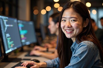 A close-up glimpse of a smiling female coder programming in a web development workshop.