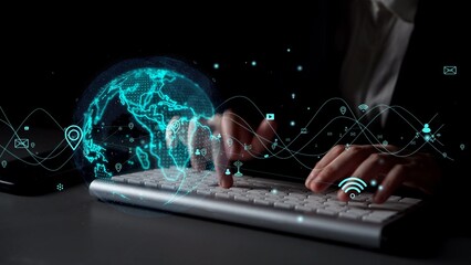 Poster - A striking digital illustration showcasing hands typing on a keyboard with a glowing global network visual. Represents modern technology, connectivity, and data interaction. Xenic