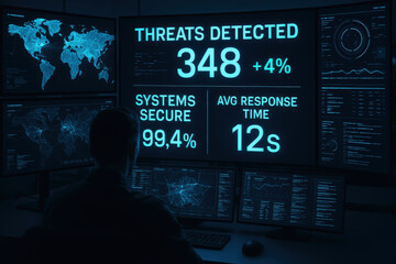 expert monitoring digital security dashboard with global threat data and critical system metrics dis