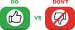 © mrvect02 - do's and don'ts icon. to do and not to do symbol for guidelines and rules list. buttons with thumbs up and thumbs down sign. vector illustration on transparent background.