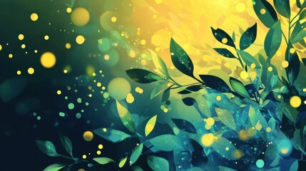 Green leaves and bokeh lights create a refreshing and vibrant atmosphere