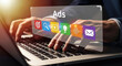 © EDA - Effective Digital Advertising Campaign: Hands on Laptop with Ads Icons, Targeting, Search, Video, Idea, Email Marketing, Online Business Growth