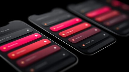 Three cell phones with different colored buttons