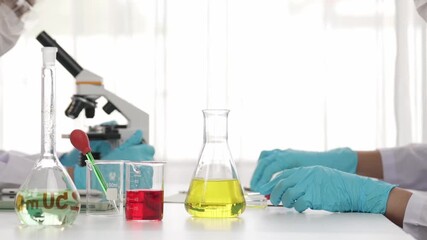 Poster - Laboratory researcher develop new medicine or cure using chemistry technology. Technological advance of healthcare with scientific expertise with laboratory microbiology equipment. Slow motion. Rigid.