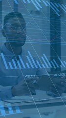 Poster - Animation of multiple graphs with changing numbers, diverse entrepreneurs shaking hands
