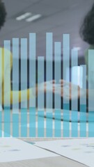 Poster - Animation of graph over diverse coworkers sharing ideas and putting hands together in office
