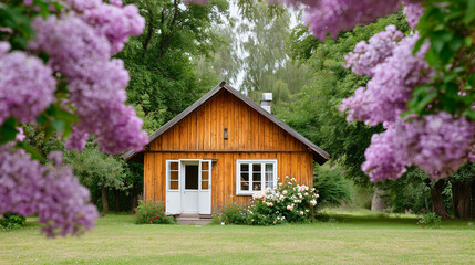 Wall Mural - Wooden house surrounded by blooming lilacs