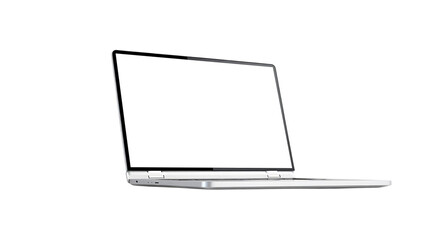 Open laptop computer isolated on transparent background, showcasing a blank screen for design or presentation