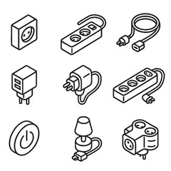 Isometric outlined power icons with plugs and sockets on gray background