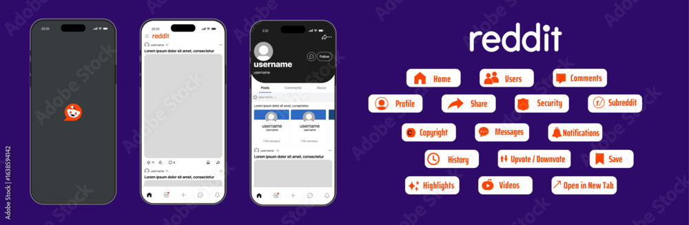 Reddit UI mockup template with subreddit feed, post layout, and comment ...