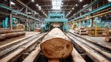 An industrial lumber mill processes a large log with precision machinery for construction.