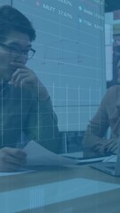 Poster - Analyzing financial data animation over business colleagues discussing documents in office