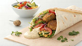 Falafel Pita Wrap with Vegetables on lite Background wrap in a corner with diffrent suce