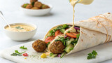 Falafel Pita Wrap with Vegetables on lite Background wrap in a corner with diffrent suce