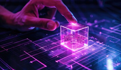Hand interacts with digital cube, futuristic circuit background; data security concept