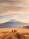 Art Deco Mount Kilimanjaro With Masai Warriors in Golden Savanna Landscape