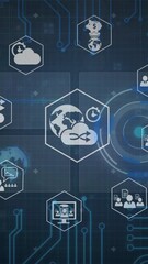 Poster - Animation of media icons over diagrams and globe