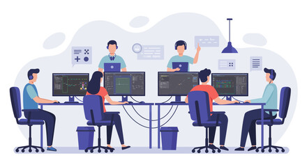 Diverse team of professionals collaborating on computer programming and software development in a modern office environment.