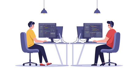 Two programmers wearing headphones sit at desks, intently focused on their computer screens displaying lines of code in a modern office setting.