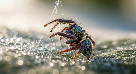 Close-up of a colorful jumping spider on a dew-covered web