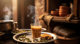 A warm, steaming glass of masala chai sits on a metal plate with cardamom and cinnamon.