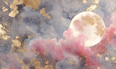 Wall Mural - watercolor hand-painted moon in clouds with gold and pink in celestial space