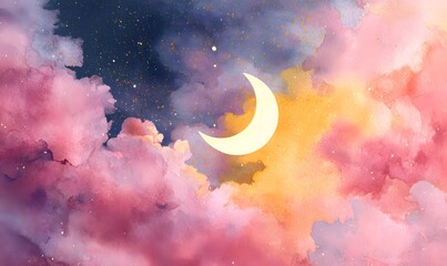 Wall Mural - watercolor hand-painted moon in clouds with gold and pink in celestial space