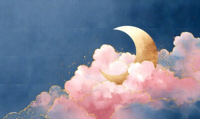 Wall Mural - watercolor hand-painted moon in clouds with gold and pink in celestial space