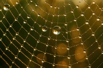 Close-up macro photography of dewdrops on spider web creating intricate natural geometric patterns with soft morning light bokeh