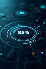 Futuristic technology interface displays 85 percent completion, vertical composition. A vibrant blue glow accentuates the circular design and digital elements for a striking visual effect.