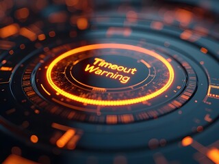 Poster - Glowing orange rings encircle a dark central panel displaying a Timeout Warning message, horizontal composition. This futuristic technological design features vibrant color contrasts.