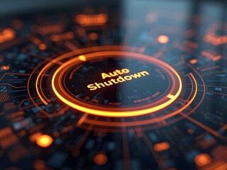 Poster - Futuristic orange and black digital interface displays an auto shutdown message, horizontal composition. The vibrant glow and circular design create a captivating technological composition.