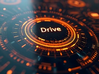 Poster - Futuristic orange and black interface design features a central circular display, horizontal composition. The word Drive glows brightly within concentric rings of data.
