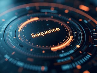 Poster - Abstract technological sequence interface glows with vibrant orange and blue hues, horizontal composition. The circular design features a central word and intricate concentric rings.