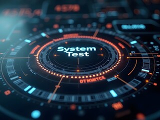 Poster - Futuristic system test interface with vibrant blue and orange accents, horizontal composition. The circular design features glowing elements and a central display showcasing technological innovation.