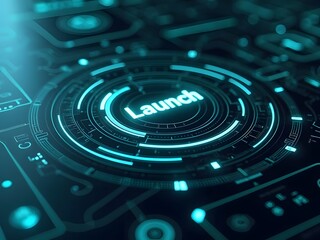 Poster - A launch interface with glowing teal accents, horizontal composition. The futuristic digital design features concentric circles and a central word marking a technological breakthrough.