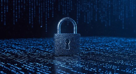 a digital padlock with circuit patterns on a blue matrix background with falling code streams behind