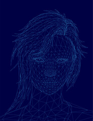 Poster - A low polygonal portrait of a woman's face features a wireframe design with geometric shapes and clean lines. The blue background enhances the modern digital art style.