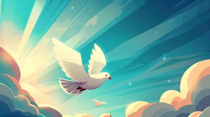 Wall Mural - A serene illustration depicting a white dove soaring through a bright blue sky, bathed in radiant sunlight and fluffy clouds.
