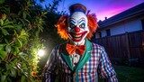 Menacing Animatronic Clown. A close-up shot of a scary animatronic clown decoration standing in a suburban yard at dusk.