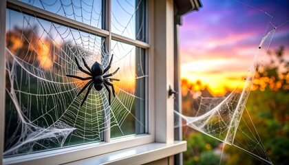 Spider Web Takeover. A close-up on the corner of a suburban house window, completely covered in thick, fake spider webs.
