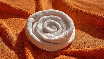 Rolled white towel in a spiral shape on orange fabric