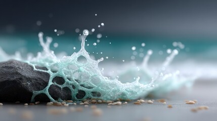 Dynamic liquid splash with intricate web like patterns interacting with a dark stone