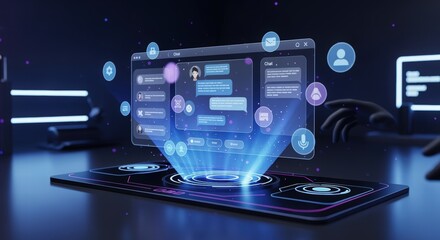 Futuristic digital interface with glowing elements, showcasing communication and user interaction.